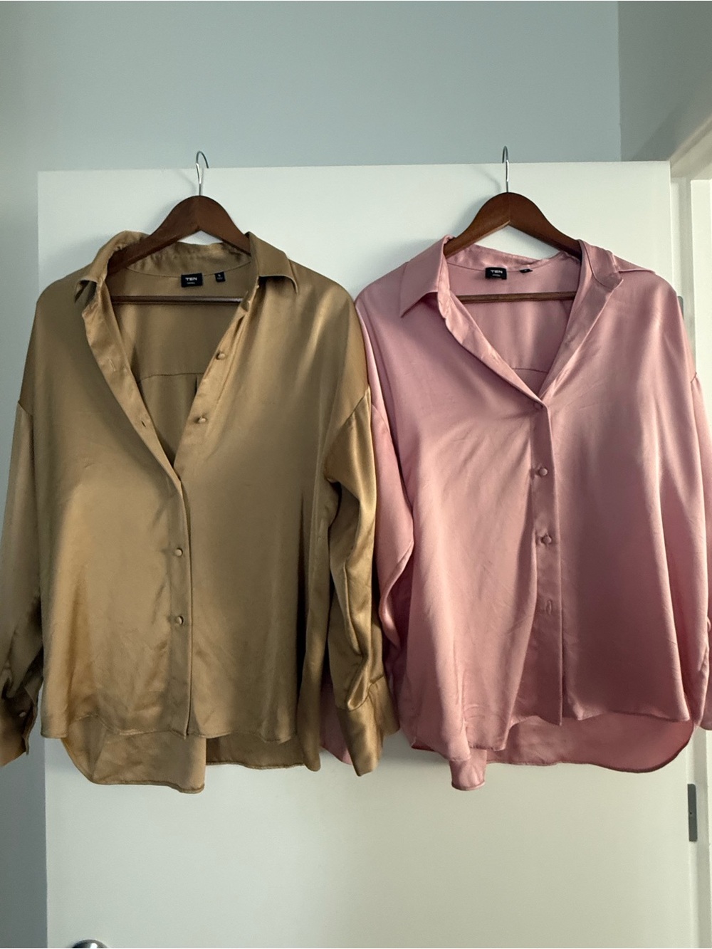 Aritzia TEN Satin Button-Up Blouse in Tan and Dusty Pink Bogo